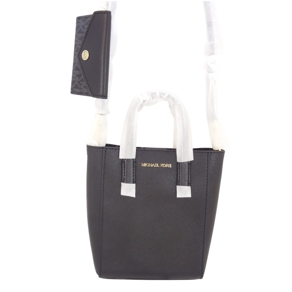 Michael Kors Vincent XS Tote Crossbody Card Case Black Saffiano Leather NEW